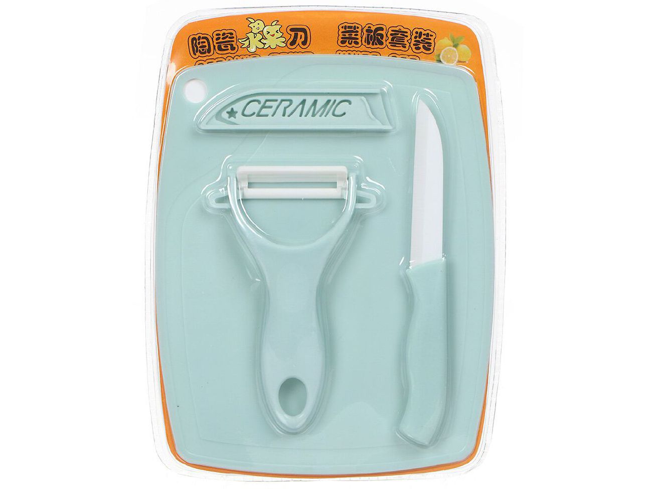 Изображение товара Набор ножей кухонных керамика 3 предмета (нож, овощечистка, доска пластик) голубой Daniks (100шт/уп) в Миди Лтд