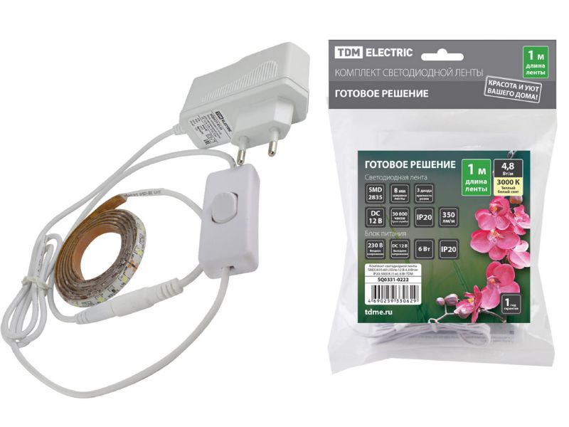 Изображение товара Лента светодиодная комплект SMD2835 60LED/м 12B 4,8Вт/м IP20 3000К 1м 6Вт TDM в Миди Лтд