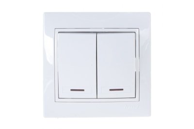 Выключатель 2-кл LEZARD Мира белый с белой вставкой с подсветкой - фото в Миди Лтд Изображение товара Выключатель 2-кл LEZARD Мира белый с белой вставкой с подсветкой в Миди Лтд