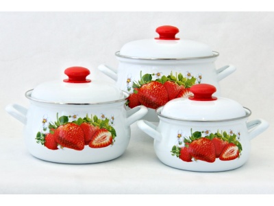 Набор кастрюль эмаль белая Сочная клубника (2,0л, 3,0л, 4,5л) С-129АП2/4 - фото в Миди Лтд Изображение товара Набор кастрюль эмаль белая Сочная клубника (2,0л, 3,0л, 4,5л) С-129АП2/4 в Миди Лтд