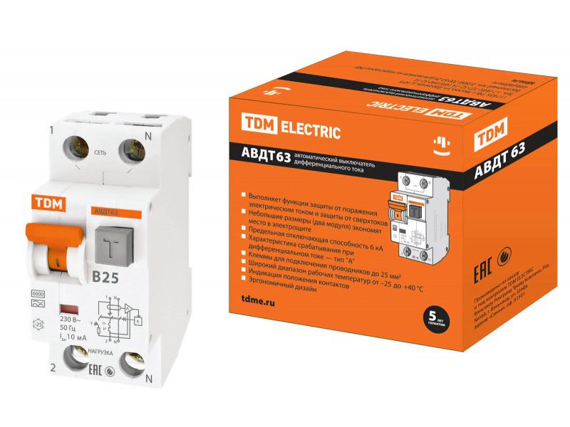 Изображение товара Диф.автомат В25 63 2Р(1Р+N) 10мА 6кА тип А TDM в Миди Лтд