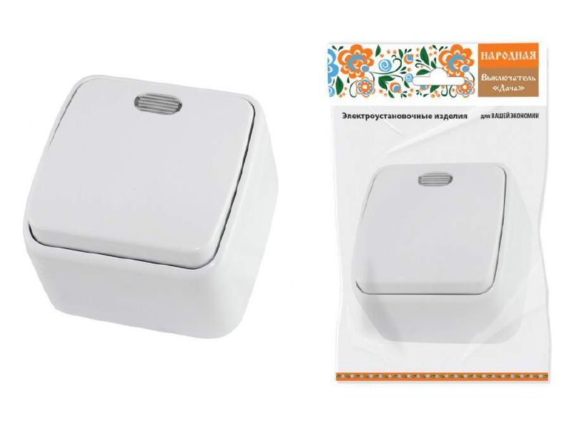 Изображение товара Выключатель 1-кл белый с подсветкой Дача Народная открытой установки 10А IP20 TDM в Миди Лтд