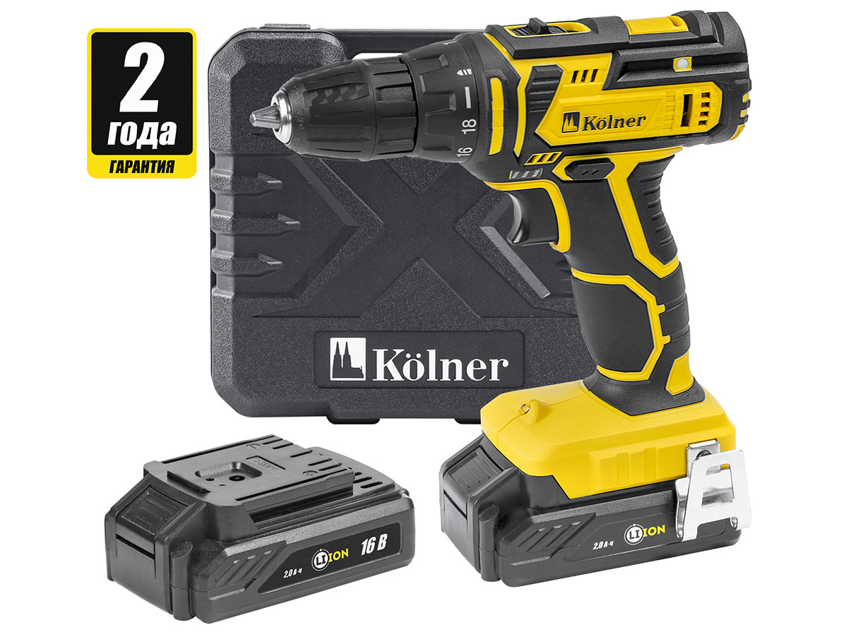 Изображение товара Дрель-шуруповерт аккумуляторная Kolner KCD 16В 0-400/1450об/мин 28/19Нм 2Ач 16-2LC(2аккум) кейс в Миди Лтд