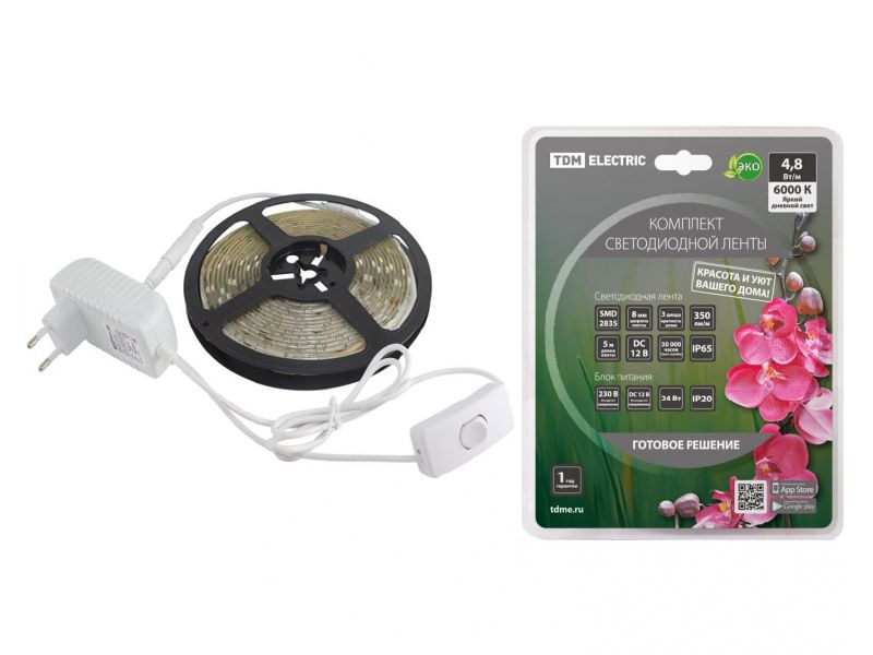 Изображение товара Лента светодиодная комплект SMD2835 60LED/м 12B 4,8Вт/м IP20 6000К 5м 24Вт TDM в Миди Лтд