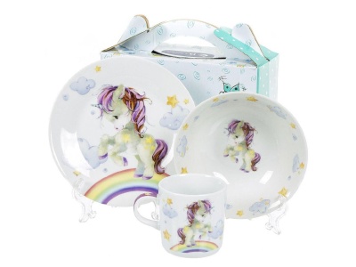 Изображение товара Набор посуды керамика Daniks 3 предмета (тарелка 17,5см, салатник 15см, кружка 230мл) Единорог и  в Миди Лтд