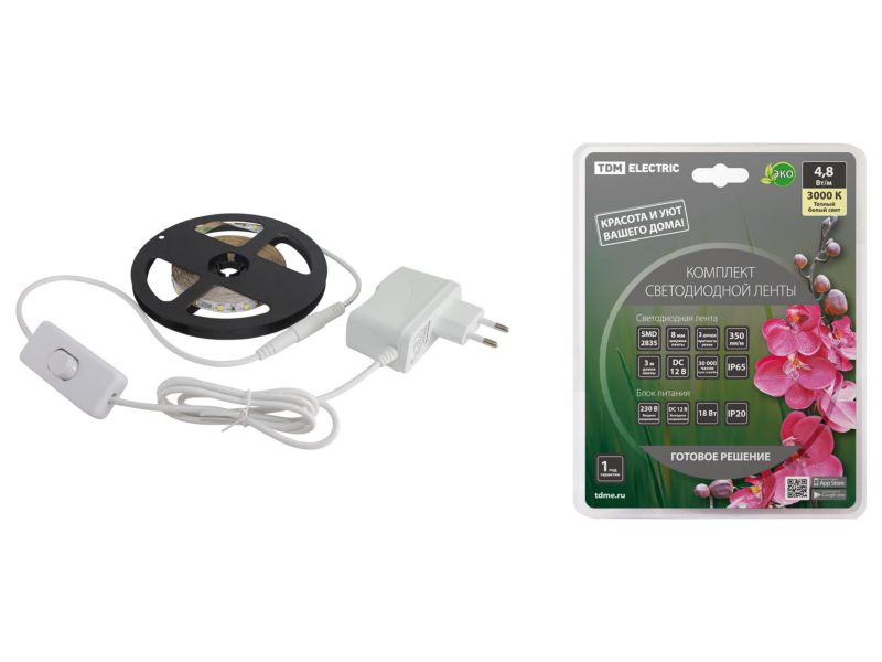Изображение товара Лента светодиодная комплект SMD2835 60LED/м 12B 4,8Вт/м IP65 3000К 3м 18Вт TDM в Миди Лтд