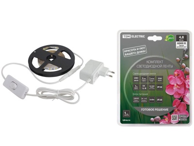 Изображение товара Лента светодиодная комплект SMD2835 60LED/м 12B 4,8Вт/м IP20 6000К 3м 18Вт TDM в Миди Лтд