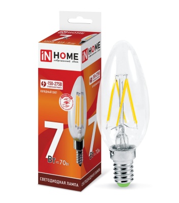 Изображение товара Лампа светодиодная IN HOME прозрачная колба LED-СВЕЧА 7W Е14 6500К 630Лм в Миди Лтд