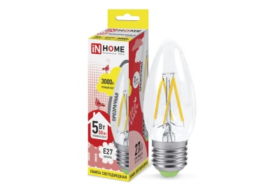 Изображение товара Лампа светодиодная IN HOME прозрачная колба LED-СВЕЧА 5W Е27 3000К 450Лм в Миди Лтд