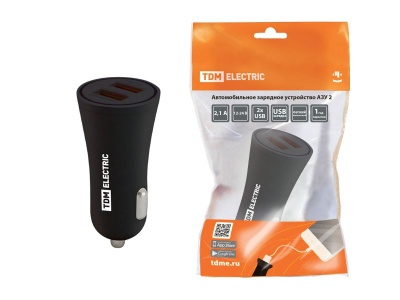 Изображение товара Зарядное устройство автомобильное АЗУ 2 2,1А 2USB черный TDM в Миди Лтд