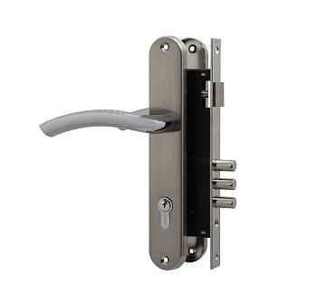 Изображение товара Замок врезной Никель матовый цилиндровый с защелкой в комплекте с ручкой SET F9013 SN/CP   Х в Миди Лтд