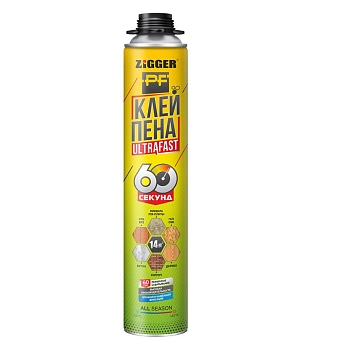 Изображение товара Клей-пена «ZIGGER PF» ULTRAFAST 60секунд проф. всесезонная, 750 мл, 830 г (12шт/уп) в Миди Лтд
