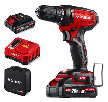 Дрель-шуруповерт ЗУБР 20В 2 АКБ (2Ач) сумка - фото в Миди Лтд Изображение товара Дрель-шуруповерт ЗУБР 20В 2 АКБ (2Ач) сумка в Миди Лтд