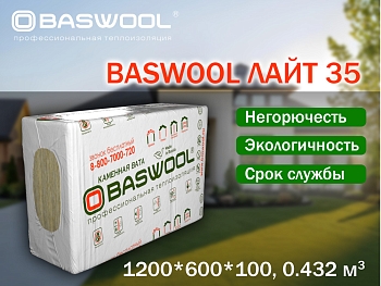 Изображение товара Минплита BASWOOL П-35 ЛАЙТ (НГ) 1200*600*100мм (уп-6шт/4,32кв.м/0,432куб.м) (16уп/пал) в Миди Лтд