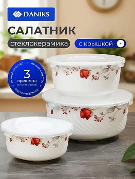 Изображение товара Салатник стеклокерамика круглый 3шт (0,5л, 0,8л, 1,4л) с крышками Daniks Вероника (12шт/уп) в Миди Лтд