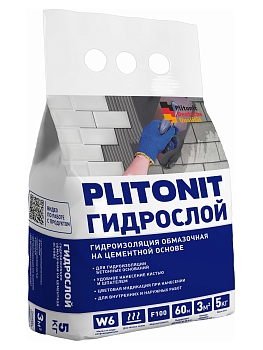 Изображение товара Гидроизоляция цементная PLITONIT ГидроСлой 5кг (3шт/кор, 168шт/пал) в Миди Лтд